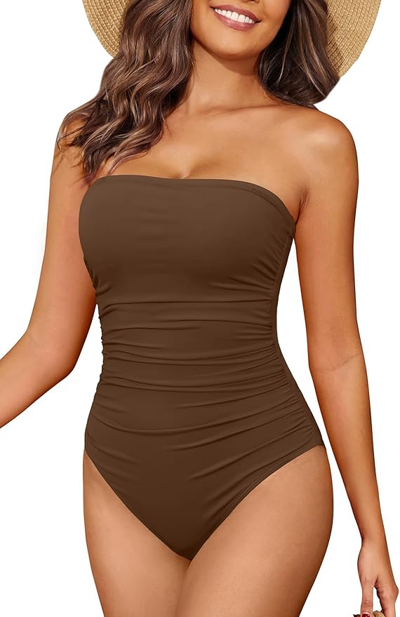 Holipick Women Tummy Control One Piece Swimsuits Strapless Bandeau Bathing Suits Slimming Halter Swimwear