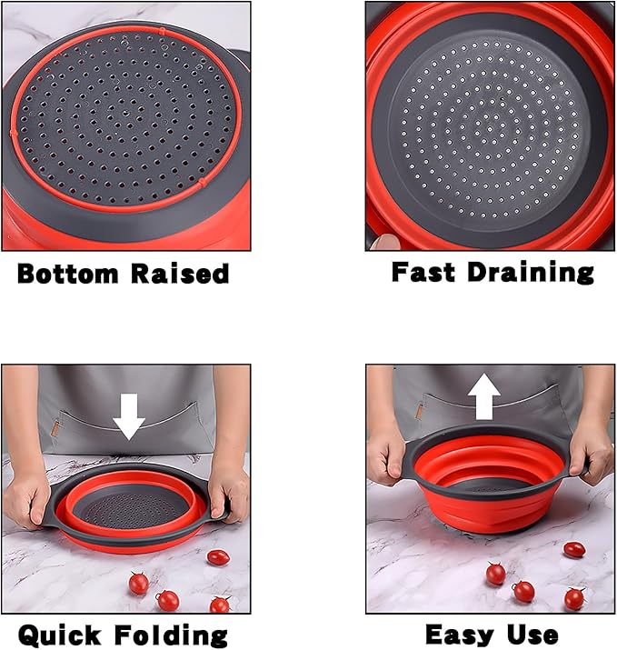 Collapsible Colander Set,Space Saving Collapsible Kitchen Colander Strainer with Handle,Perfect for Draining Pasta Vegetable fruit (Red)