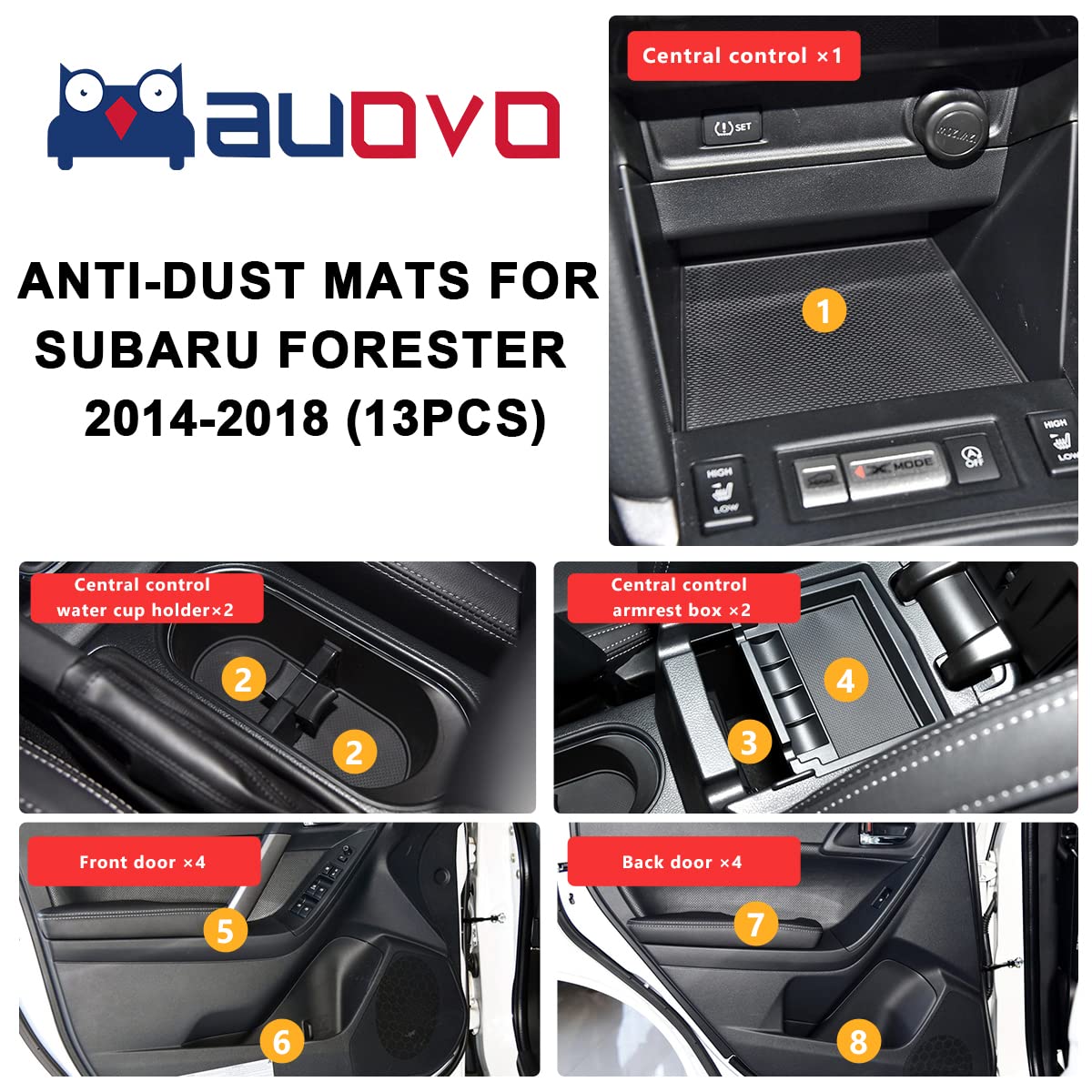 Auovo Anti Dust Mats Compatible with Subaru Forester Accessories 2014-2018 Interior Door Compartment Liners Cup Holder Coasters Center Console Liners 13pcs(Black)