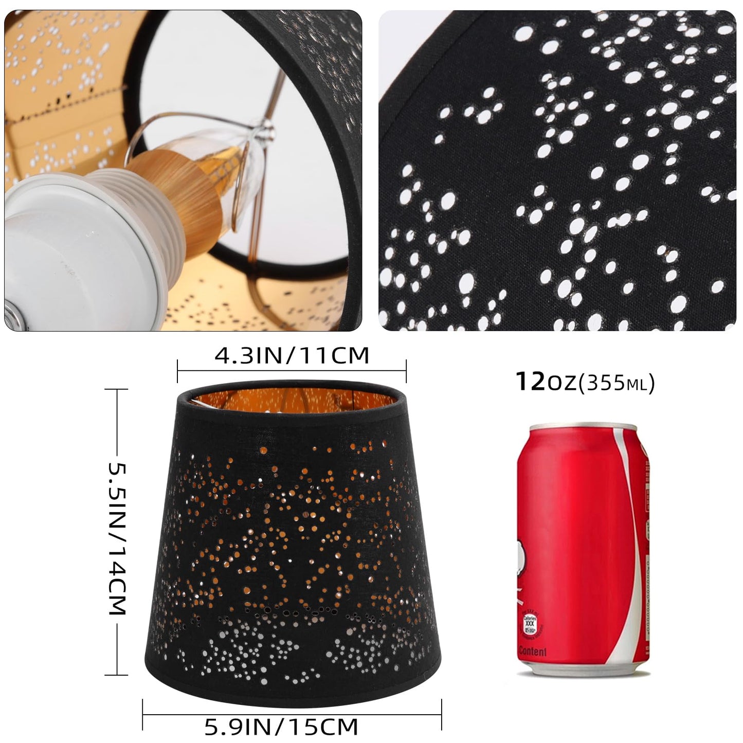 YISUN Lamp Shades Set of 6, Fabric + Iron + PVC, Black/Gold, Clip On Bell Design, Model DF-LCZD10-DKC
