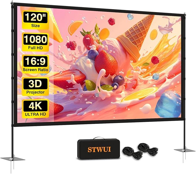 STWUI Outdoor-Projector-Screen-with-Stand - 120 inch Portable Projector Screen Indoor Outdoor Projector Screens 16:9 4K HD...
