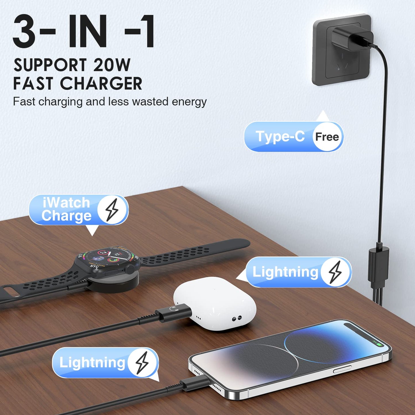 Watch Cable With Usb C Charger,3-1 Iwatch & Charger Fast Charging,6Ft Magnetic Smart Iwatch Cable For Watch Series Se/9/8/7/6/5/