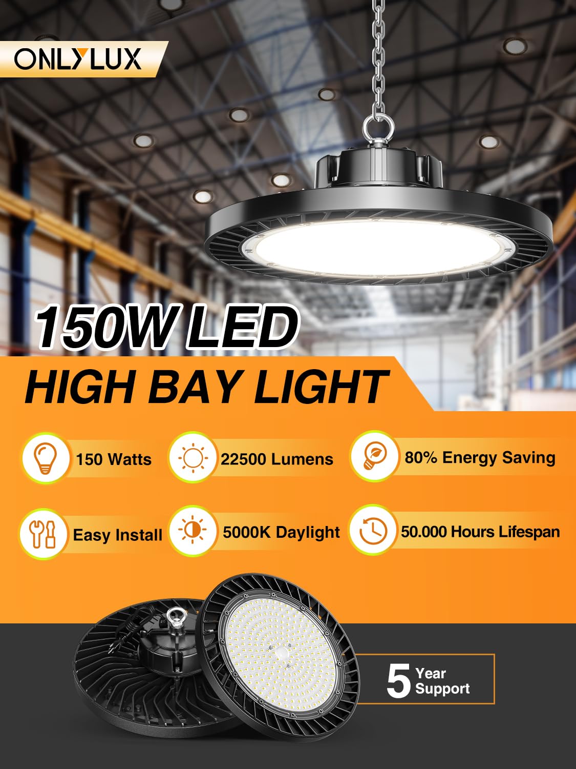 Onlylux Ufo Led High Bay Lights 5000K 150W 6 Pack  Led Shop Lights Commercial Bay Lighting For Garage Workshop Warehouse  Super Bright Daylight  22500 Lm  120V  Power Cord Included