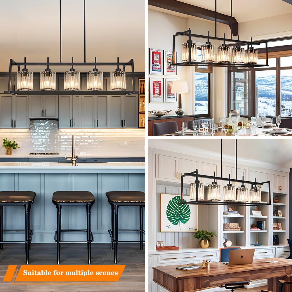 Dsmjfu Black Farmhouse Rectangular Chandelier For Dining Room  5-Light Linear Pendant Lighting  Rectangular Kitchen Island Light With Crystal Shades  Adjustable Height Rectangle Hanging Lighting