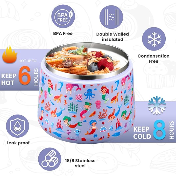 Kids Thermo for Hot Food, 14oz Insulated Soup Jar, Stainless Steel Lunch Box with Leakproof Lid & Spoon, Vacuum Insulated Bento Container (Mermaids Purple)