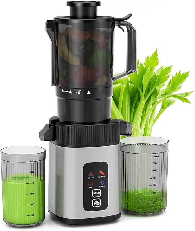 Crzoe Cold Press Juicer with a 4.35 Wide Feed Chute for Whole Fruits and Vegetables, Button control, Slow Masticating juicer, Easy to Clean Low noise and High juice Yield, Stainless Steel