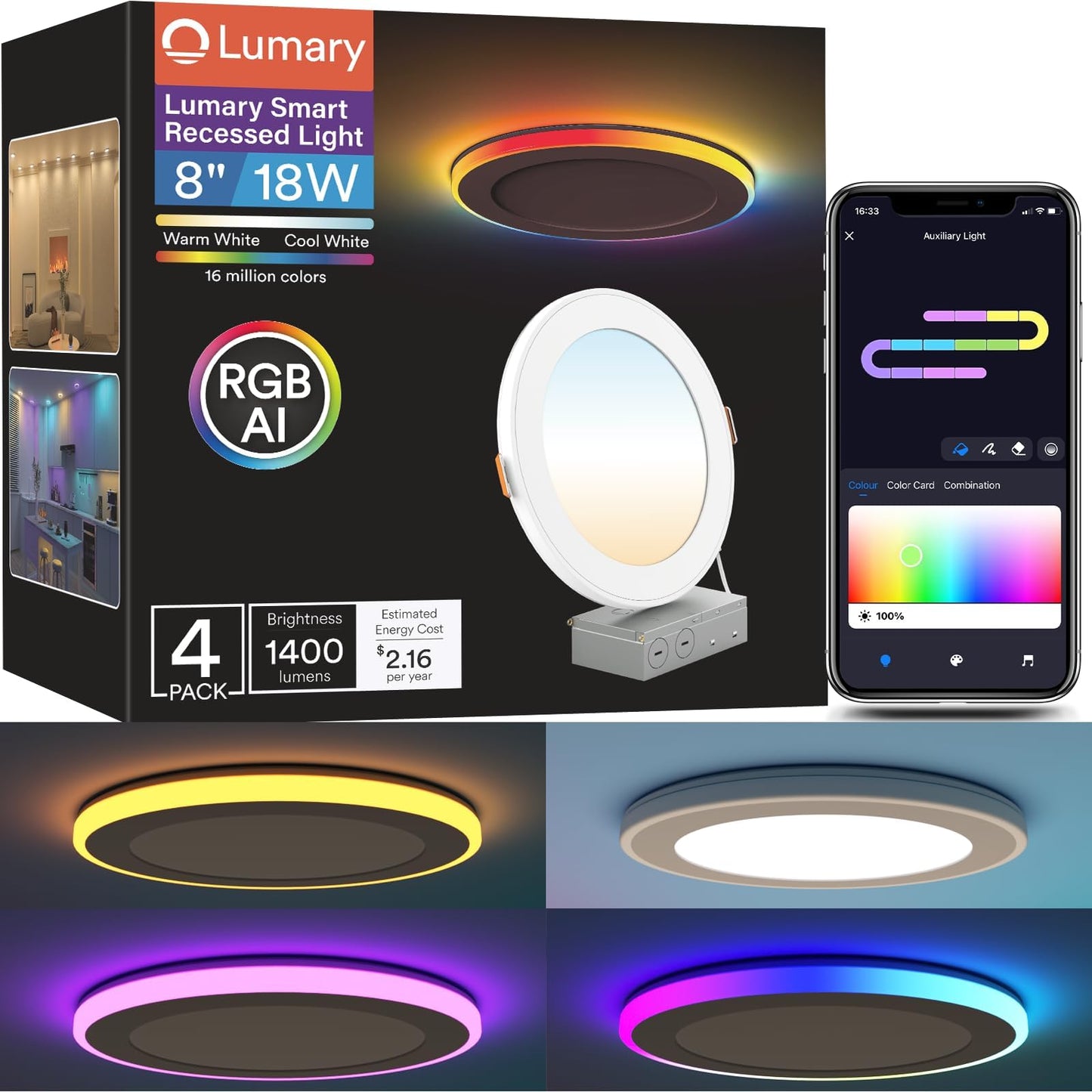 Lumary Rgbai Smart Recessed Lighting 8 Inch With Gradient Accent Light And Night Ring  18W 1400Lm Smart Can-reduceer Downlight  Compatible With Alexa/Google Assistant/Siri  4Pcs