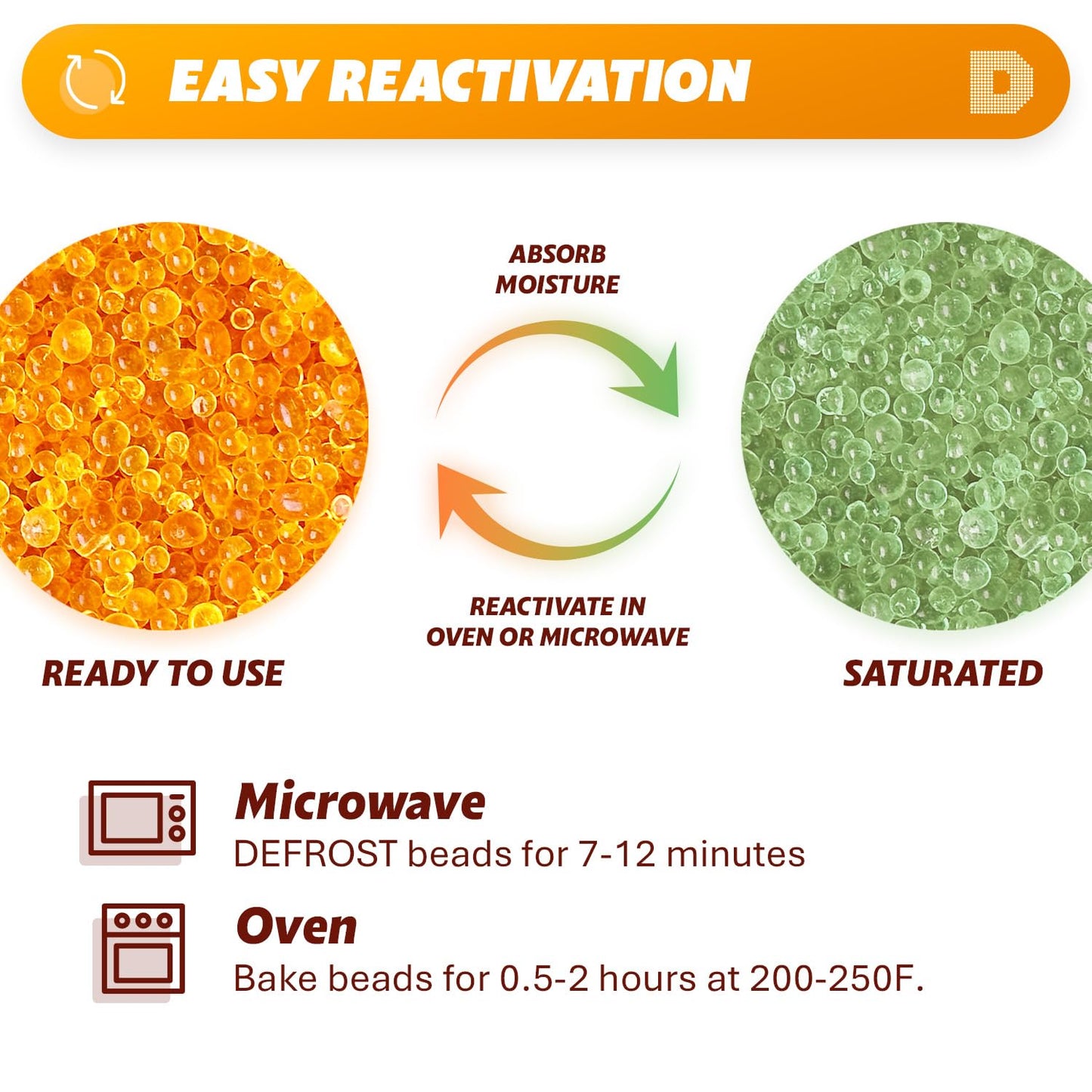 "Dry & Dry" [1 Quart] Premium Orange Indicating Silica Gel Desiccant Beads(Industry Standard 3-5 mm) - Rechargeable Silica Gel Beads(2 LBS)