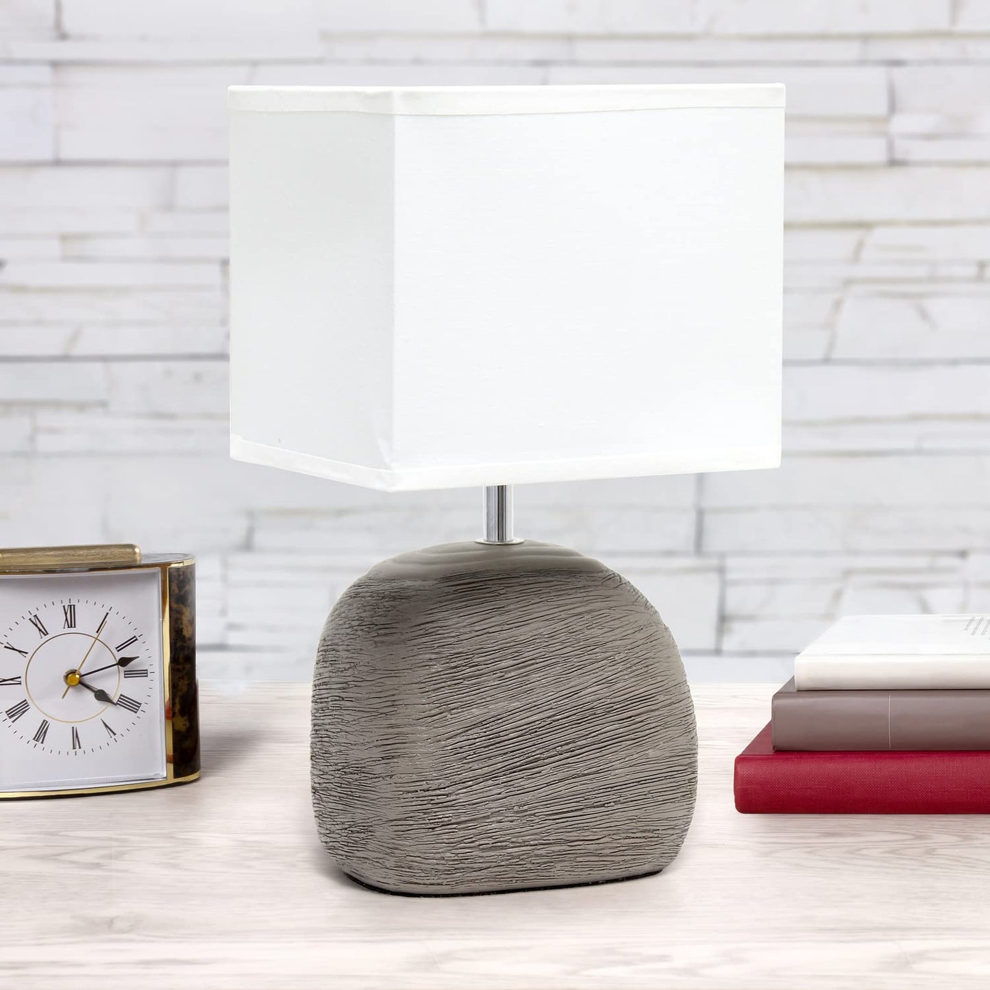 Simple Designs Bedside Table Lamp, Ceramic, Textured Stone, 7inL x 5.5inW x 12.51inH, Grayish Brown, Model LT1115-BWN