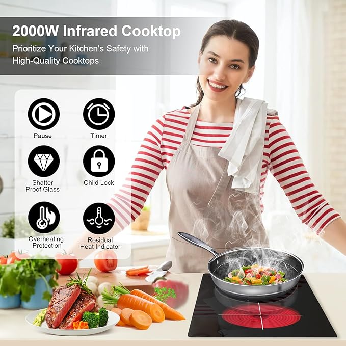 Alemania 12 Inch Electric Cooktop 120V, Dual Burner 2000W Radiant Ceramic Stove, Drop-in & Countertop Plug-in Cook Top with Timer, 9 Power Levels & Touch Controls