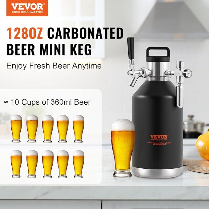 Beer Growler Tap System, 128Oz 4L Mini Keg, 304 Stainless Steel Pressurized Beer Growler, Keg Growler with Pressure Display, CO2 Regulator Faucet, Leak-Proof Ring For Draft, Homebrew, Craft Beer