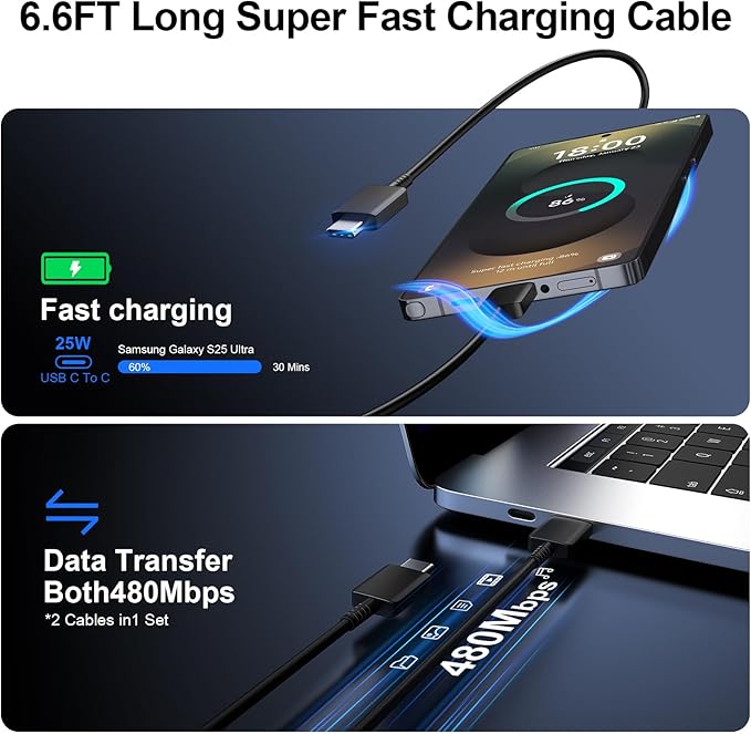 Super Fast Charger Type C, 25W USB C Wall Charger Fast Charging for Samsung Galaxy S25 Ultra/S25/S25+/S24+/S24 Ultra/S24/S24+/S23 Ultra/S22 Ultra/S21 Ultra with 6.6FT Long Type C Charger Cable 2Pack