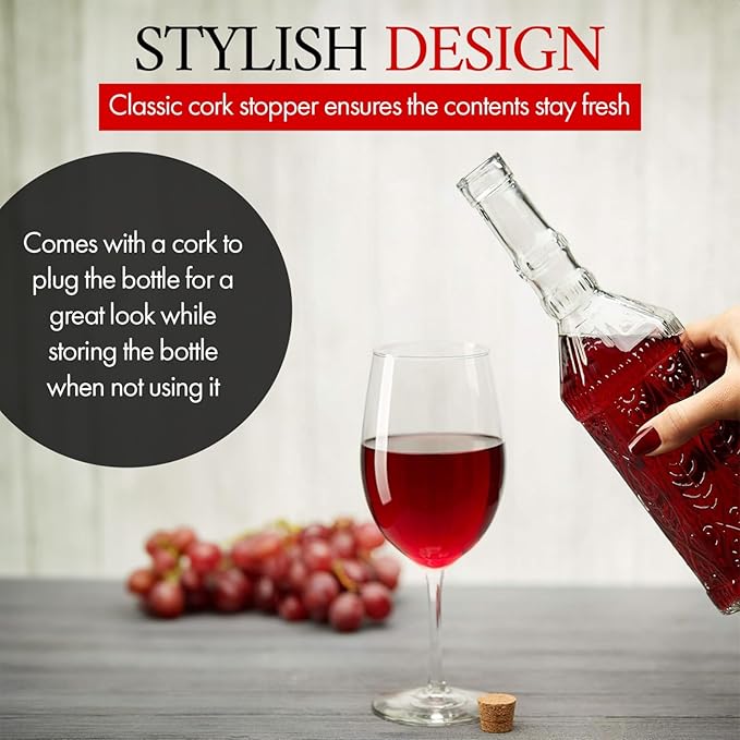 Large Clear Decorative Glass Bottle with Spout and Cork, 32oz, 1 Bottle - Design: VINO (3in X 11.9in)
