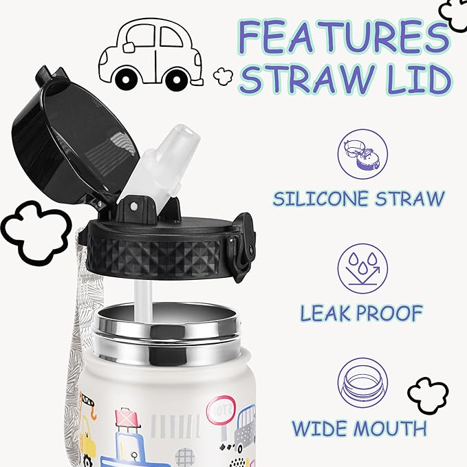 GOPPUS Kids Water Bottle (Straw Lid) - 18 Oz Stainless Steel Travel Bottle, Double Wall Vacuum Leak Proof Kids Cup for School Boys Girls,White engineering car