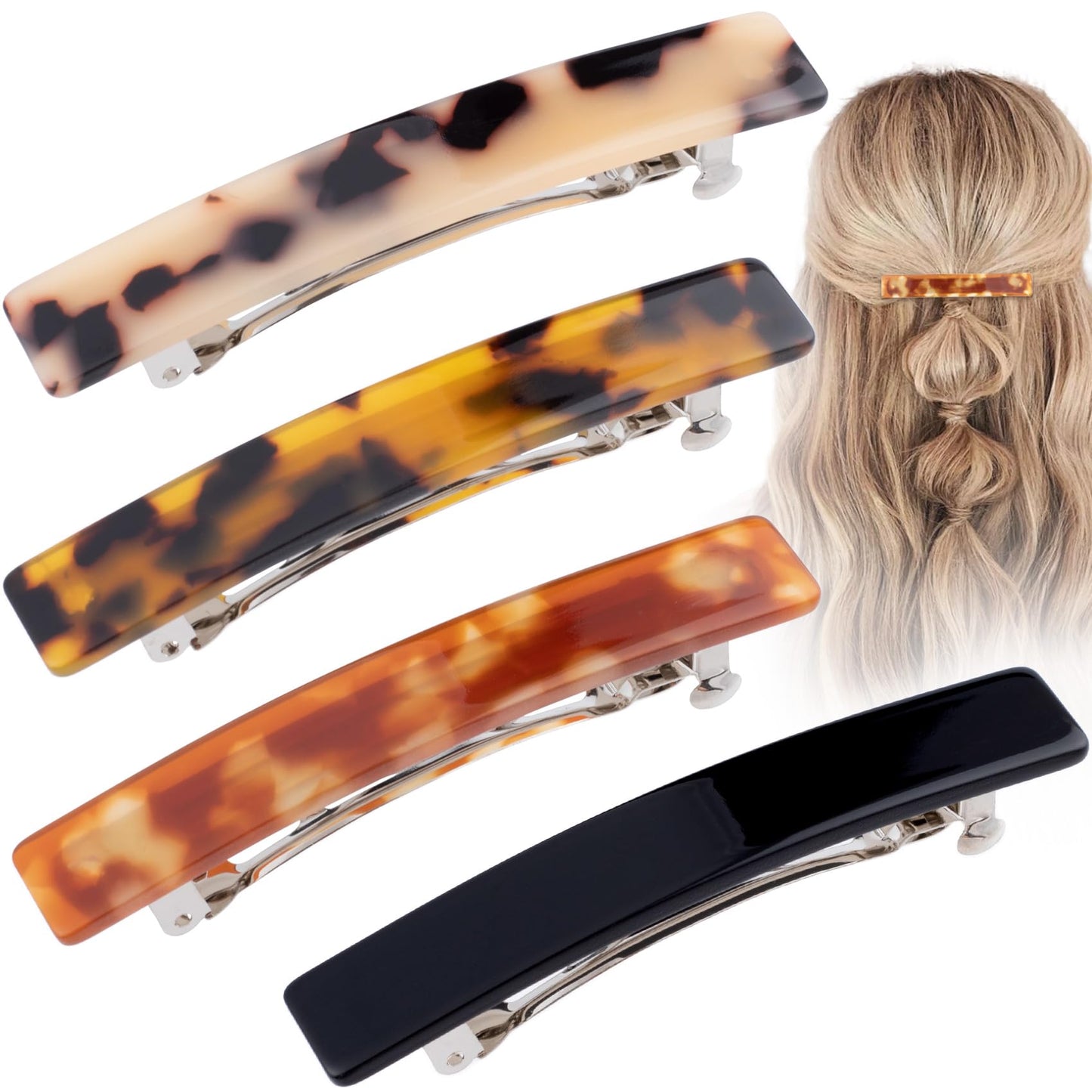 STSTR 4PCS French Barrette Hair Clips for Women, 2.95 Inch Small Tortoise Shell Hair Clip, Curved Glossy Thin Hair Flat Hair Acc