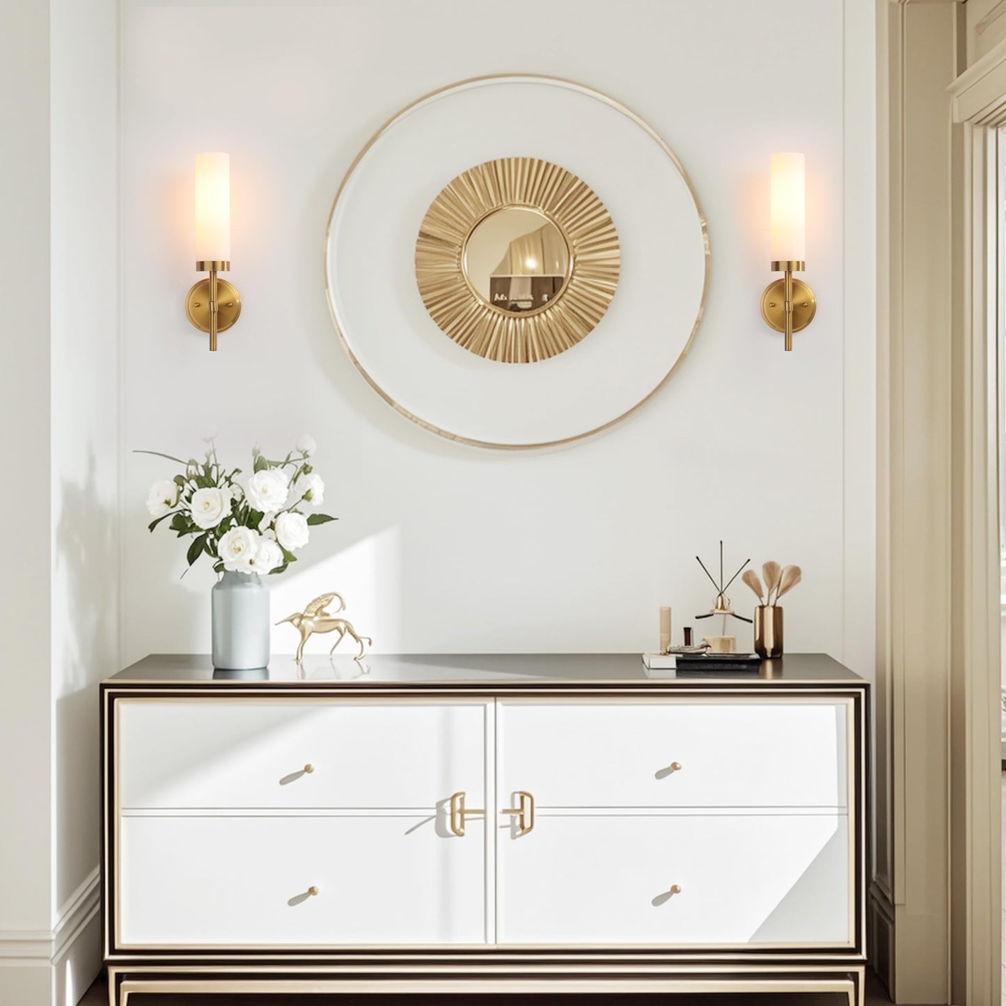 Wall Sconces Set Of Two Brass Gold Bathroom Sconces Wall Lighting With White Glass  Modern Sconces Wall Decor Set Of 2 Wall Light Fixtures For Bathroom Mirror Living Room Hallway Bedroom Wall Lamp