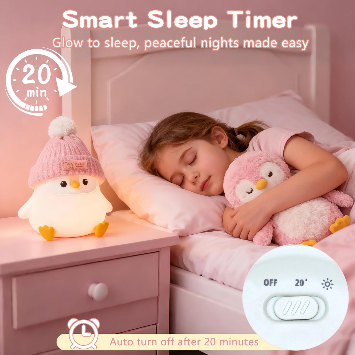 Famiduo Penguin Silicone Night Light  Cute Pink Penguin Lamp With Knitted Hat  Soft Nursery Nightlight  Usb Rechargeable/Dimmable Led Squishy Novelty Animal Bedside Lamp Funny Gifts For Kids/Girls