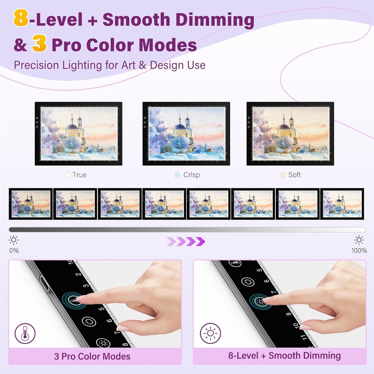 ZEXALIGHT A4 Light Box for Tracing, Light Pad for Diamond Painting with 8 Levels/Stepless Dimming Brightness and 3 Color Modes, Ultra-Thin Copy Board Light Table for Artists Tracing Drawing (Yellow)