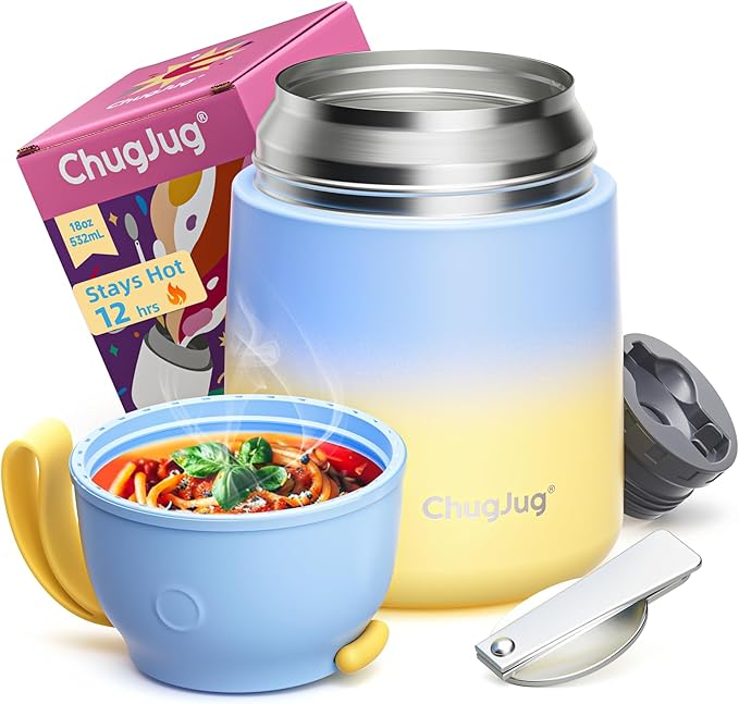 Thermo for Hot Food for Adults Kids | Wide Mouth, 18 oz Insulated Food Jar with Spoon, Leakproof Soup Thermo for School Office Travel, Thermal Steel Lunch Container Easy to Carry (Light Blue)