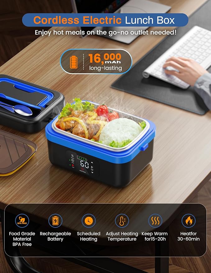 Cordless Electric Lunch Box for Adults, 1L Battery-Powered Heated Lunch Box with Insulated Bag, 16000mAh Rechargeable Self-Heating Food Warmer with Smart Reservation for Work, Travel, Car, Office