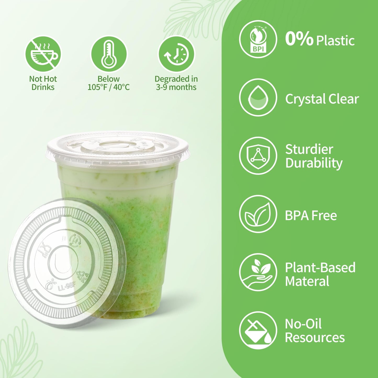 CCWOFF PLA 20 OZ Compostable Clear Plastic Disposable Iced Coffee Cups with Flat Lids, Biodegradable Cold Drinking To Go Coffee Cups for Party, Smoothie, Boba Tea, Slushy, Milkshake 50 Sets
