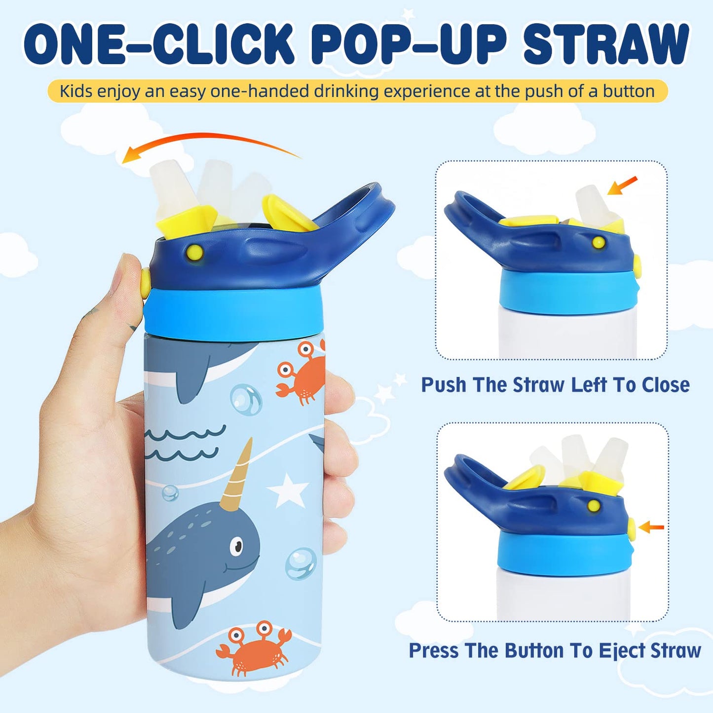 Mocaru Kids 12oz Sublimation Water Bottle with Pop-up Straw and Handle, Stainless Steel Insulated Sippy Cups Blanks with Shrink Films (6 Pack)