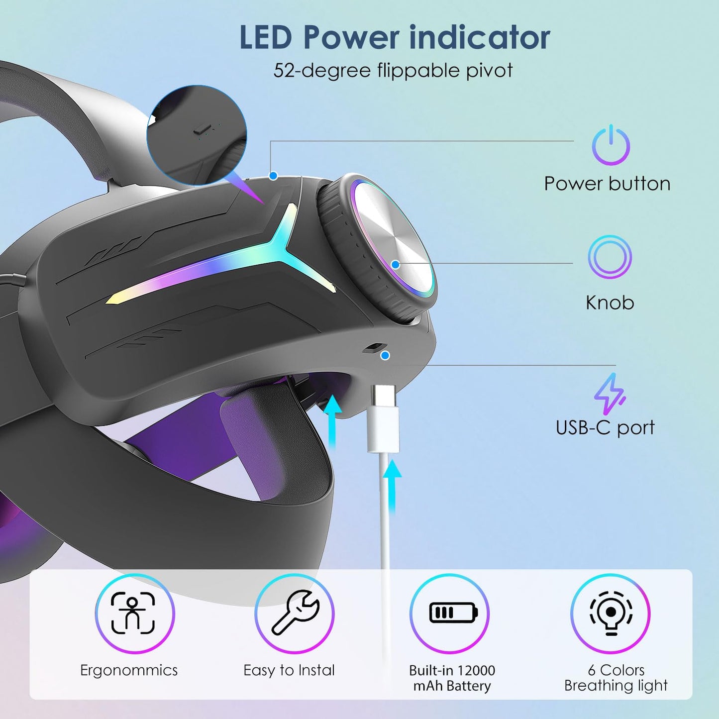 12000mAh Fast-Charging Battery Head Strap for Meta Quest 3/3S – Extends 6-8 Hours Playtime, RGB Lighting & Comfortable Fit – Elite Replacement Strap with Balanced Weight_Black