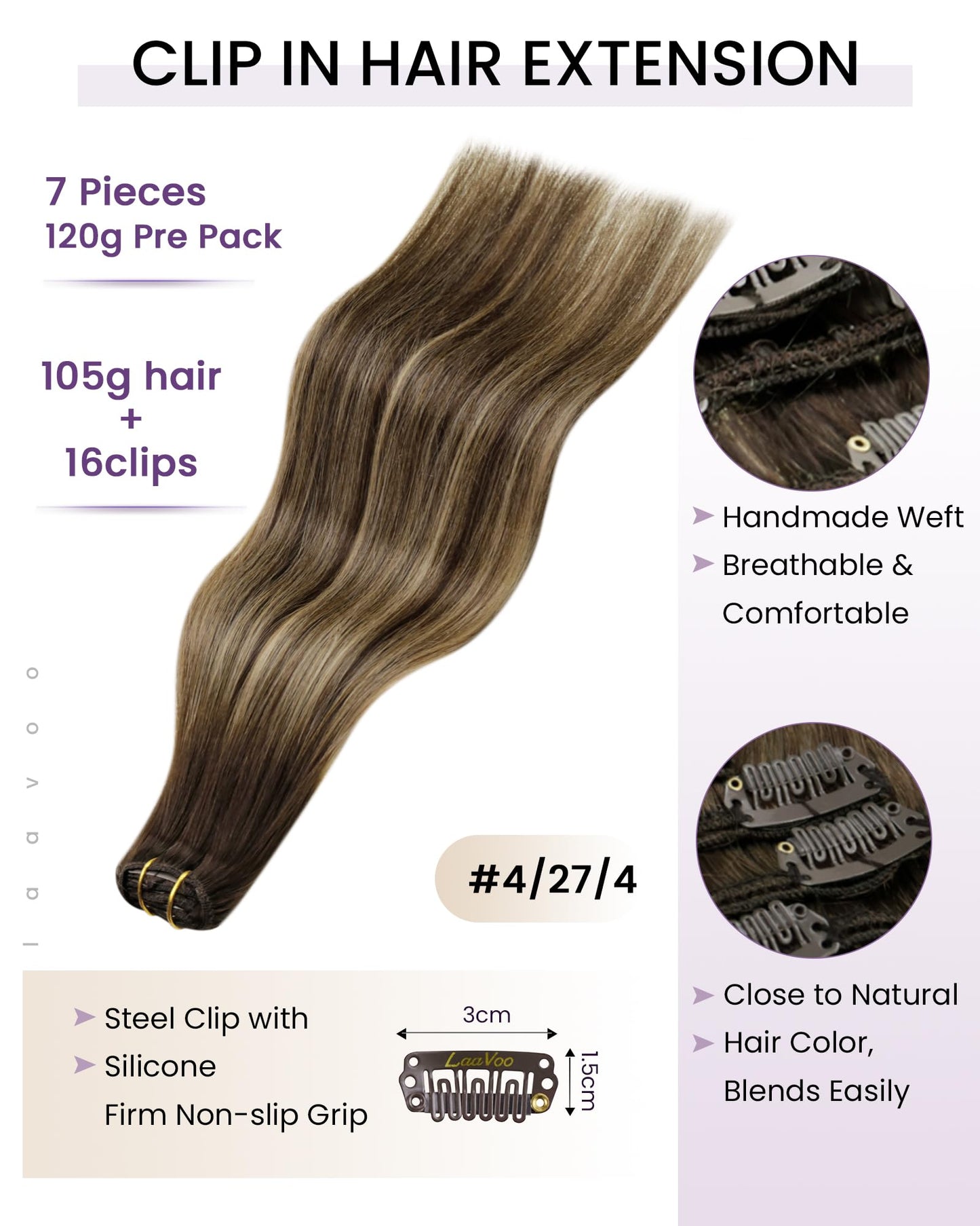 LaaVoo Clip in Hair Extensions Human Hair Balayage Hair Extensions Clip ins Brown Fading to Caramel Blonde Mix Brown 14 Inch 7pc