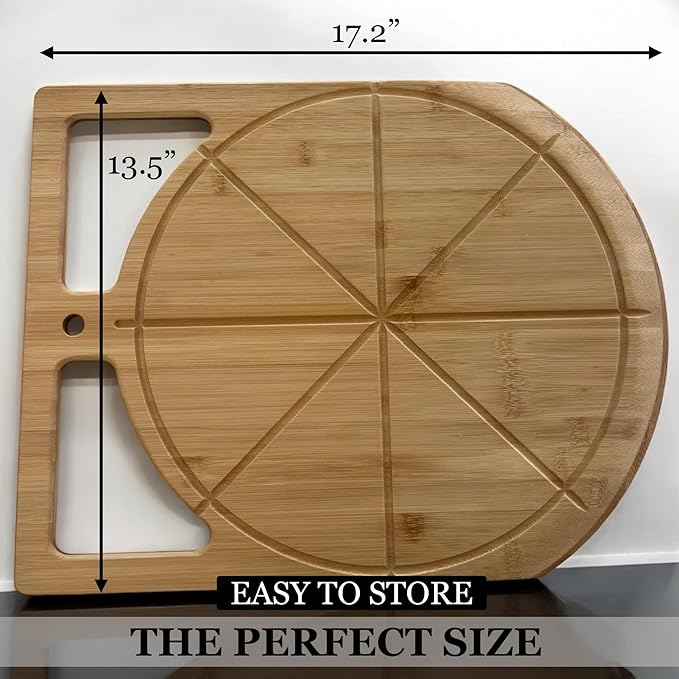 2-in-1 Wooden Pizza Peel & Bamboo Cutting Board | Dual Grip Pizza Paddle Board for Baking, Pizza Spatula & Large Cutting Board for Pizza | Pizza Turning Peel for Baking Accessories, 17" X 13.5"'