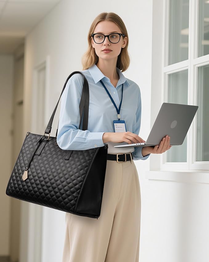 LOVEVOOK Lunch Tote Bag for Women, 15.6 Inch Laptop Bag with Insulated Lunch Compartment, Quilted Large Capacity Computer Handbag with Purse for Business, Work, Nurse, Office, Collage, Casual, Black