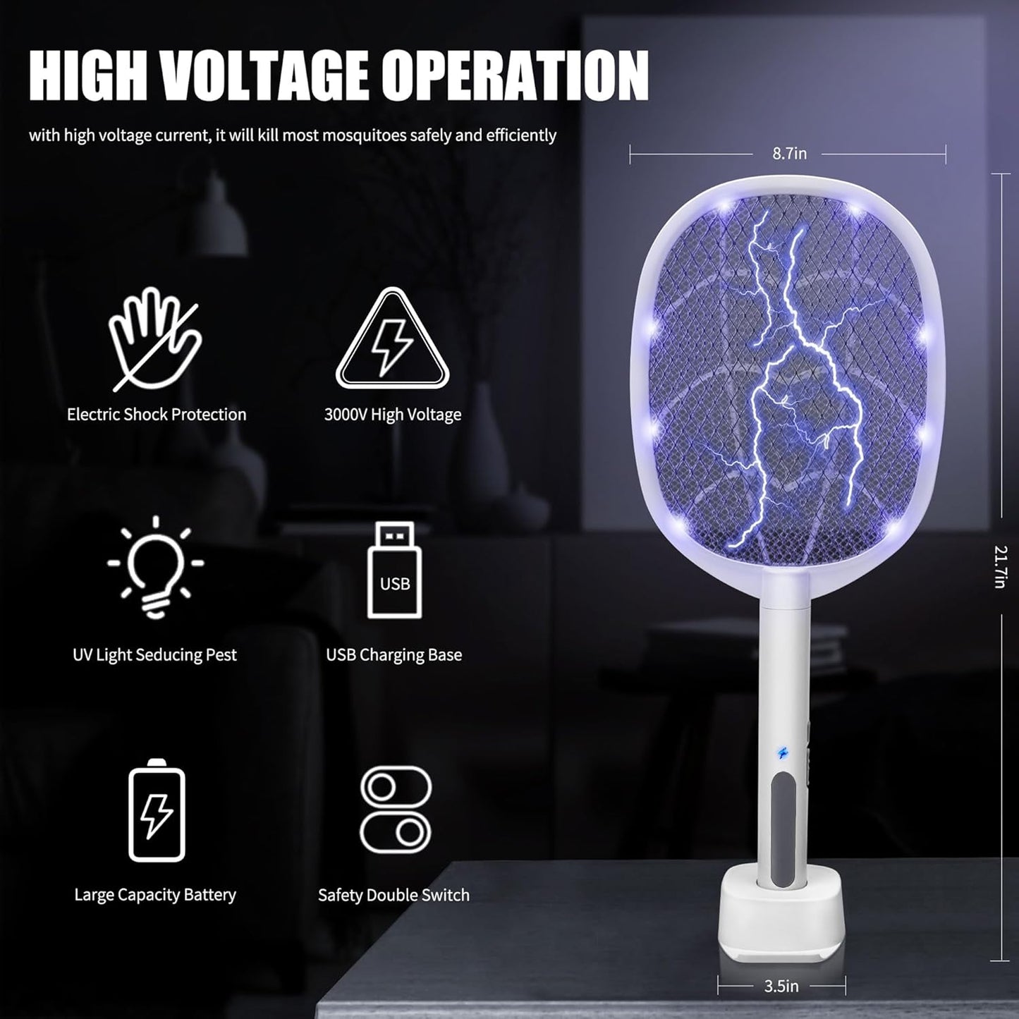 Lulu Home 2-in-1 Electric Bug Zapper Racket, 2 Pack 3000V High Voltage LED Lighted Handheld Mosquito Swatter with 3 Layer Safety Mesh, USB Charging Portable Fly Killer Racquet