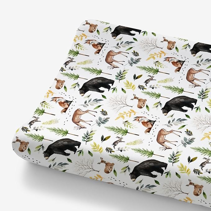 HawSkgFub Animals Pine Tree Changing Pad Cover for Baby Girl Boy, Natural Forest Bear Deer Fox Diaper Change Table Covers, Soft Stretchy Safe Snug Fitted Changing Mat Sheets Fit 32"/34" x 16"