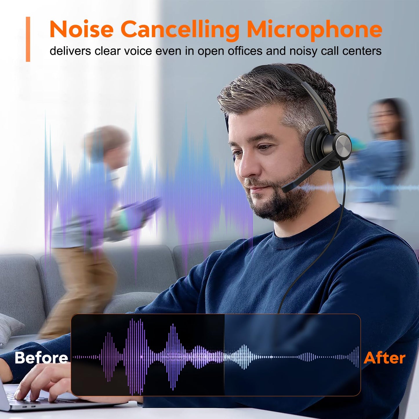 Wired Call Center Desk Phone Headset With Noise Cancelling Microphone & U10P Qd Cable, Office Rj9/Rj11 Telephone Headset Works F