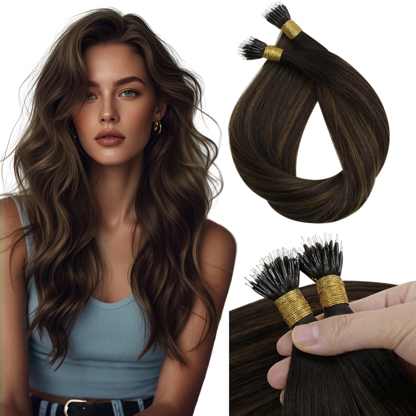 Sunny Hair 18inch Nano Bead Hair Extensions Human Hair Dark Brown Balayage Nano Hair Extensions Human Hair Invisible Nano Tip Ha