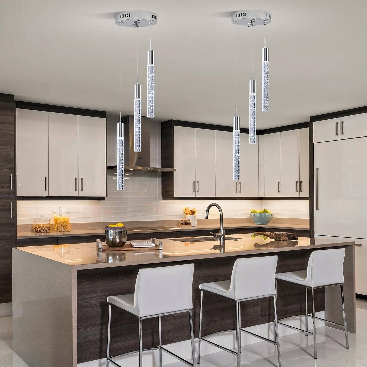 Upfelw Modern Crystal Chandelier, 3-Light LED Pendant Light, Remote Control, Chrome, Model UCC-S07-1212