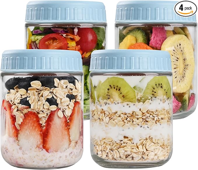 Overnight Oats Containers with Lids, 16oz Glass Jars with Lids 4 pcs, Light Blue, Wide Mouth Mason jars for Salad, Yogurt, Snacks, Meal Prep