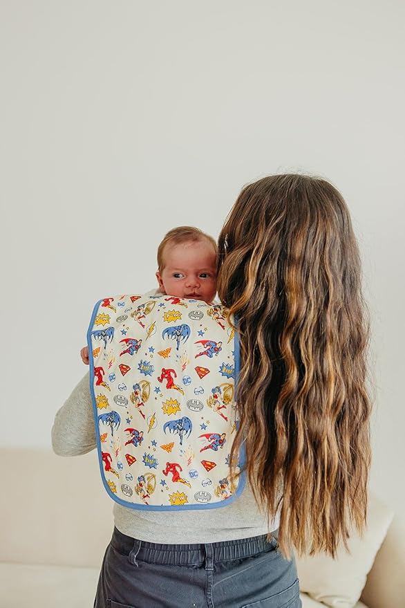Copper Pearl Premium Baby Burp Cloths - 3-Pack Large Cotton Burp Cloths, Extra Soft Spit Up Rags with 3 Absorbent Layers, Perfect for Baby Boy and Baby Girl Gifts (21" x 10" Size, Justice League Set)