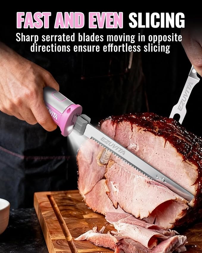 8V Cordless Electric Knife Set, Rechargeable Electric Carving Knife with Reciprocating Stainless Steel Blades for Meat & Bread, Fork Included, Equipped with interchangeable 2000mAh Large Capacity Battery, Ergonomic Handle and Safety Lock for Turkey, Me...