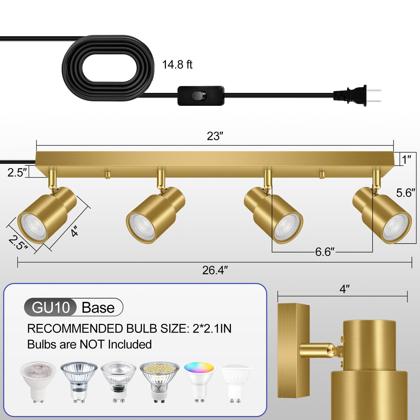 Plug in Track Lighting, 23" LED Track Light Fixtures Ceiling, Gold 4 Way Spotlight, Rotatable Light Head, Plug in Ceiling Light with Power Cord, Plug Wall Light for Kitchen Hallway Bar(GU10, NO Bulb)