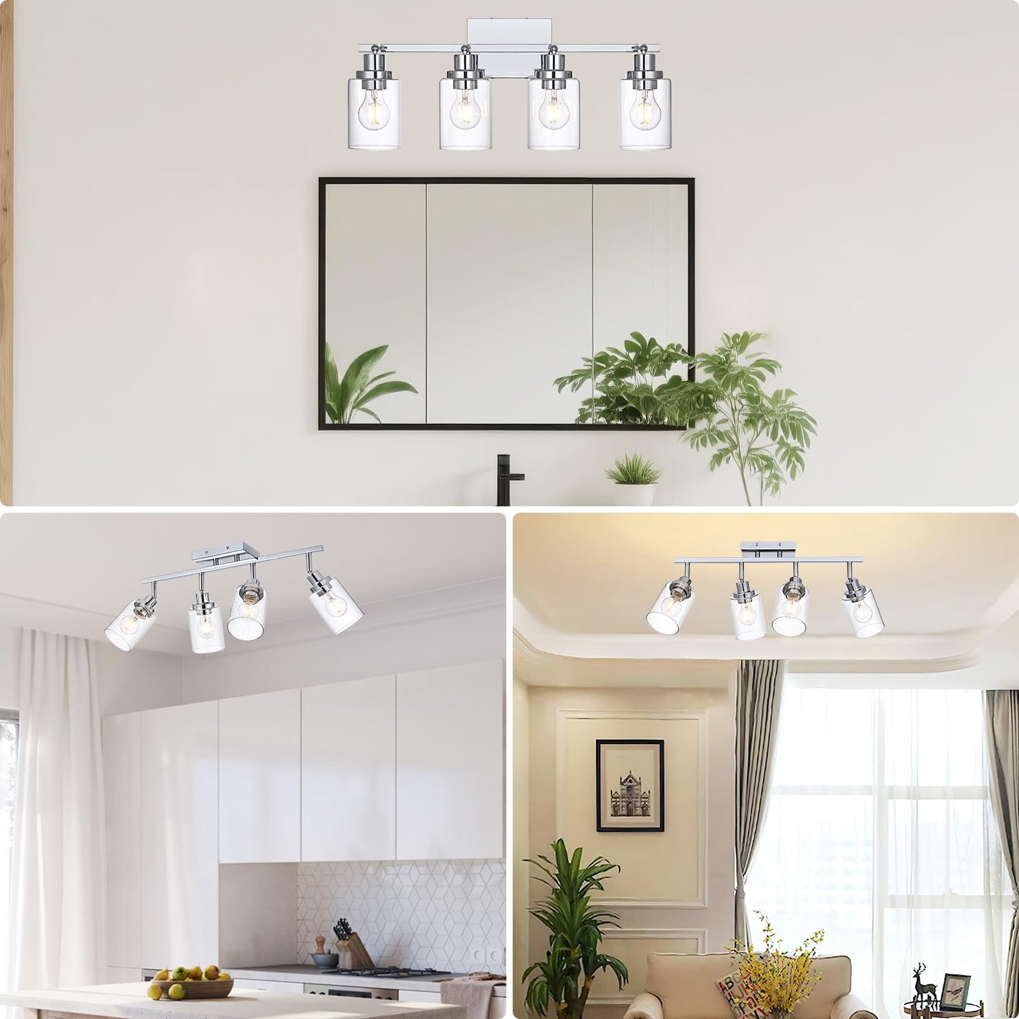 Wanluce 4-Light Track Lighting Kit Ceiling Kitchen Track Lighting Fixtures Chrome Bathroom Vanity Wall Lights With Clear Glass Multi-Directional Rotating Tracking Light Heads Spotlight For Accent Shop