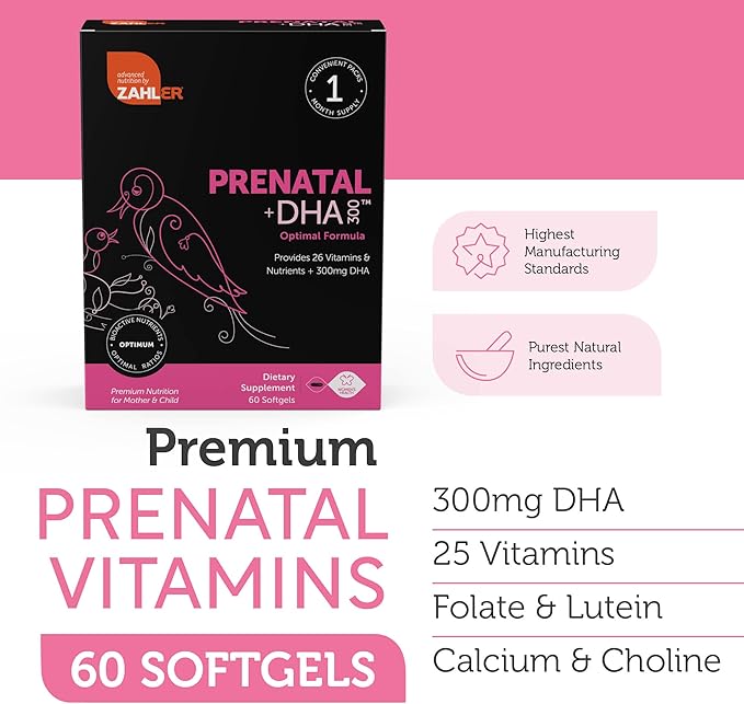 Zahler Prenatal Vitamin with DHA & Folate - DHA Supplements & Prenatal Multivitamin for Mother and Child - Kosher Prenatal DHA Prenatal Vitamins with Iron, Pre Natal Softgels (120 Count (Pack of 1))