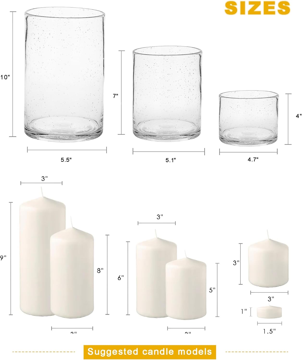 ARIAMOTION Hurricane Candle Holders for Pillar Hand Blown Glass Cylinder Vases Table Centerpiece Bulk Room Decor Clear Seeded Bubbles Living Dining Kitchen Island 10" 7" 4" Set of 3
