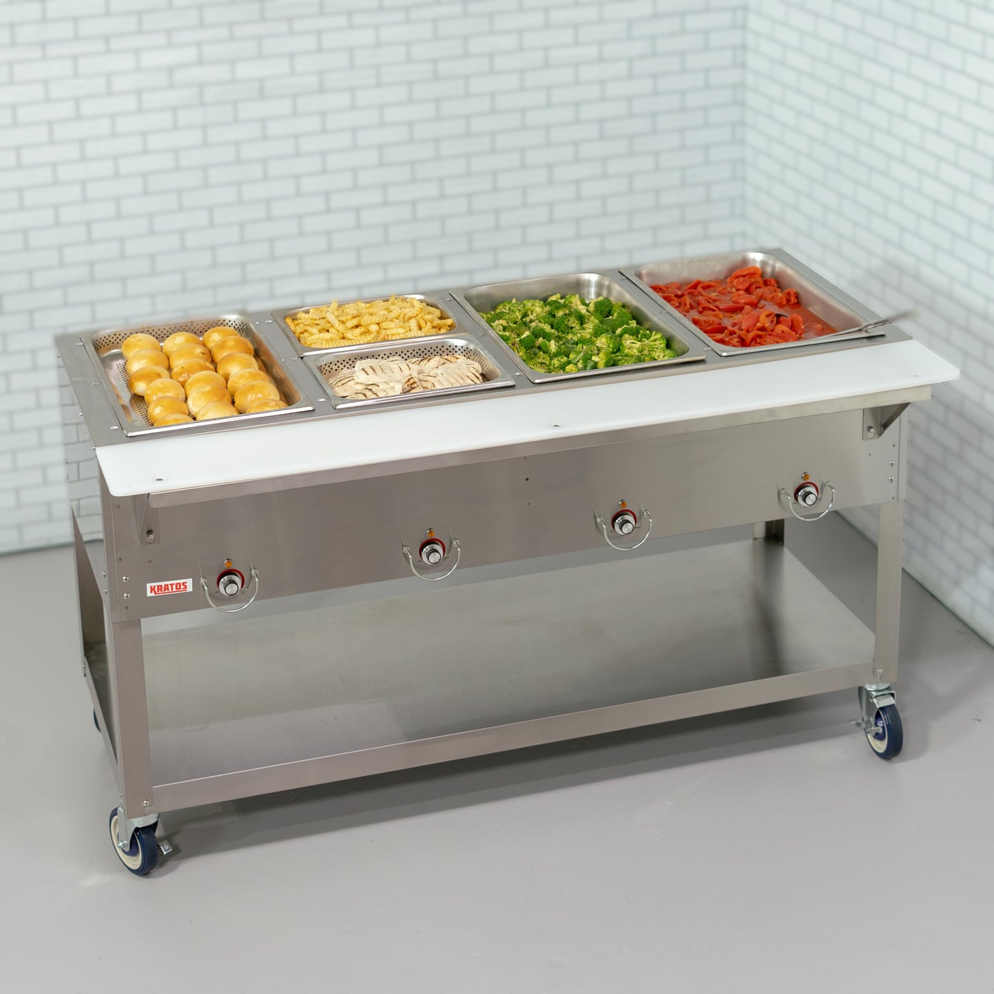 Kratos Commercial Mobile Electric Steam Table/Hot Food Table, 4 Wells, Stainless Steel, NSF 240V (28W-199)