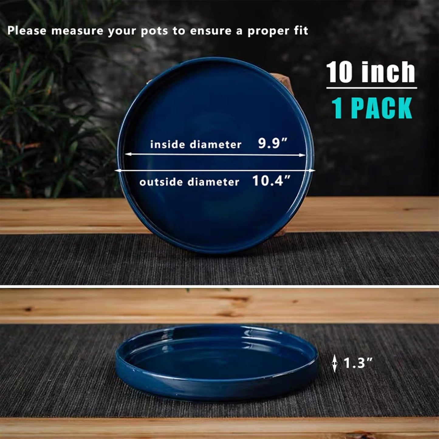 Ceramic Plant Saucer Pot Tray 10 Inch, Blue Planter Saucers 5 7 9 10 12 Inch for Indoors Outdoor, Flower Pot Saucers for Holding Water Drips and Soil