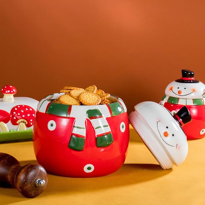 Christmas Snowman Ceramic Cookie Jar – Large Holiday Treat Storage Container with Lid – Festive Kitchen Countertop Decoration