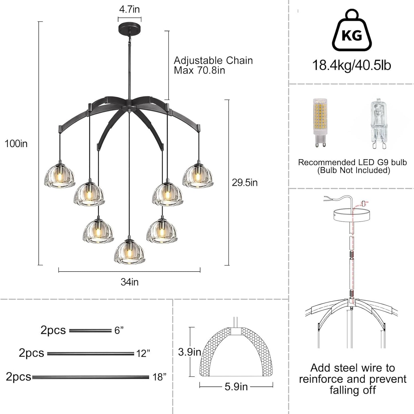 Modern Crystal Chandeliers, Black Round Chandelier for Dining Room, Large Arc Chandelies for Living Room, 7-Light Dining Room Light Fixture 34" Pendant Light Chandelier for Staircase Bedroom