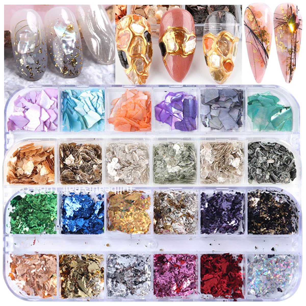 UARUOGP 3 Boxes 36 Grids Nail Art Foil Flakes Glitter Irregular Mica Seashell Flakes,Nail Supplies Glitter Slice Colorful Marble