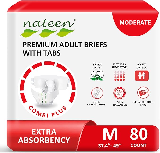 Nateen Combi Plus Adult Diapers with Tabs for Women and Men, Extra Absorbency Disposable Incontinence Briefs, Leakproof and Skin-Friendly Incontinence Underwear.Medium, 80Count
