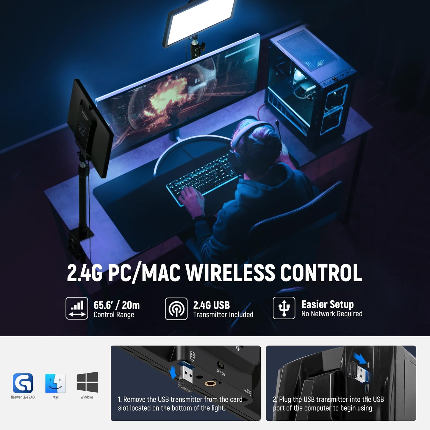 NEEWER 25W 12.9" Streaming Key Light with Desk Stand/2.4G Remote/USB Transmitter, PC/Mac APP Control 2300Lx/0.5m 2900-7000K CRI98+ Dimmable Edge Lit Video Panel Light for Webcam Laptop Zoom, GL25B
