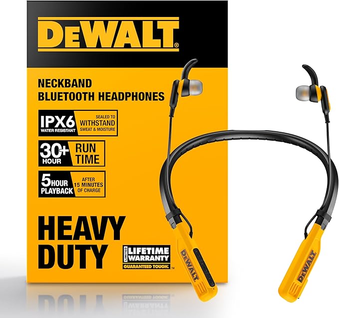 DEWALT Heavy Duty Bluetooth Neckband Headphones, Wireless Around The Neck Earbuds w/ 30H Runtime + Noise Isolation, Secure...